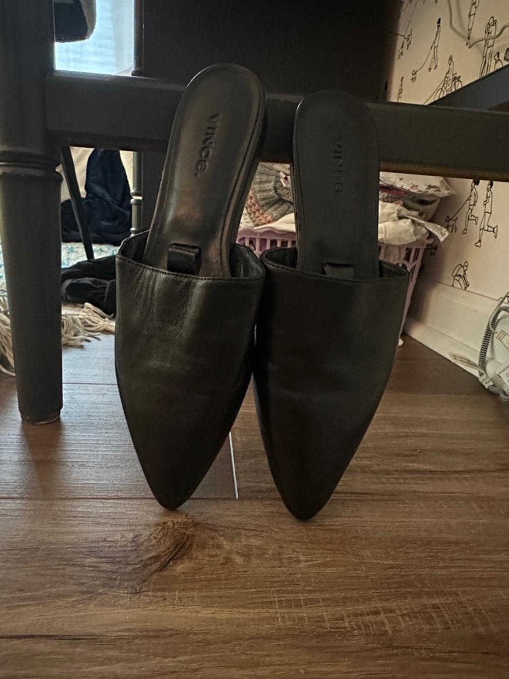 Vince Black Leather Pointed-Toe Slip-On Mules
